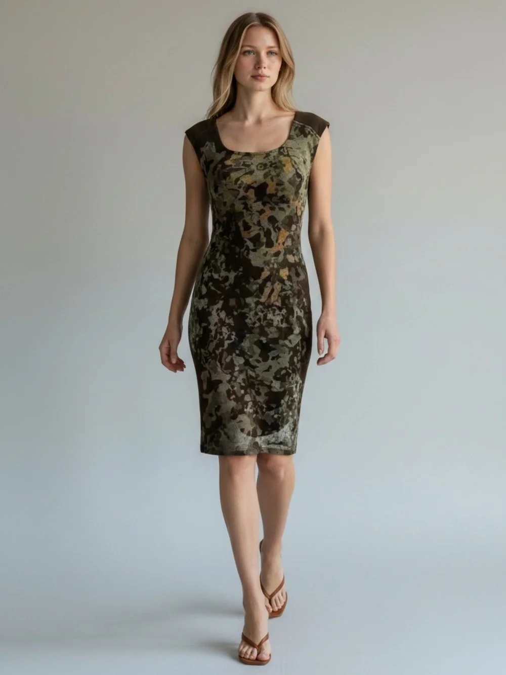 le chateau green dress le chateau | Dresses | Le Chateau Midi Dress Sleeveless Stretch Knit Brown  Green Print Size Xs